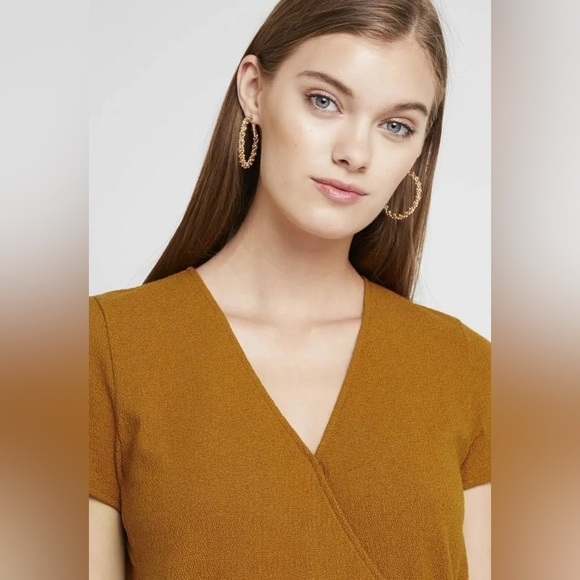 Madewell Texture & Thread Short Sleeve Side Tie Faux Wrap Mustard Dress Sz XS - Picture 6 of 7